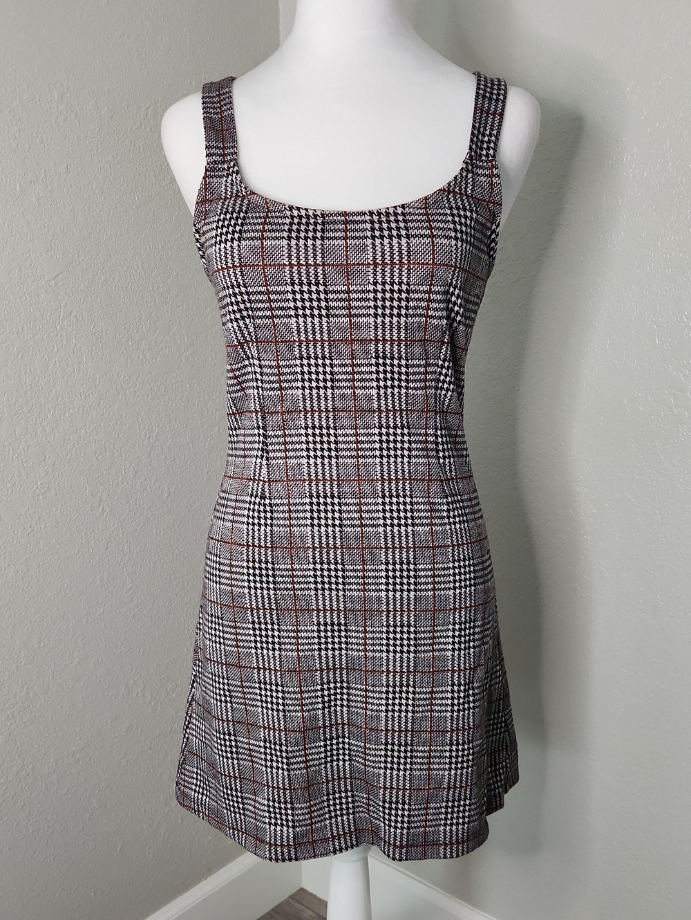Forever 21 Black, White & Brown Plaid Square-Neck Mini Dress
